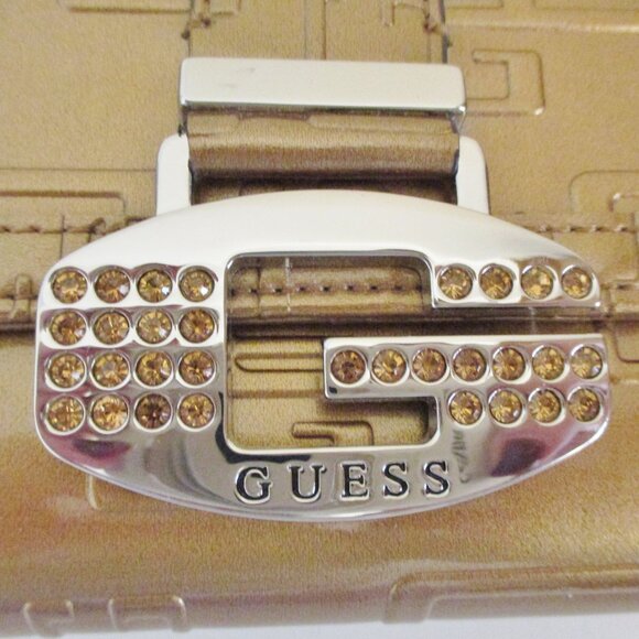 Guess Women's Tri-Fold Checkbook Wallet, Logo World SLG, Gold, G w/Rhinestones - Picture 2 of 12
